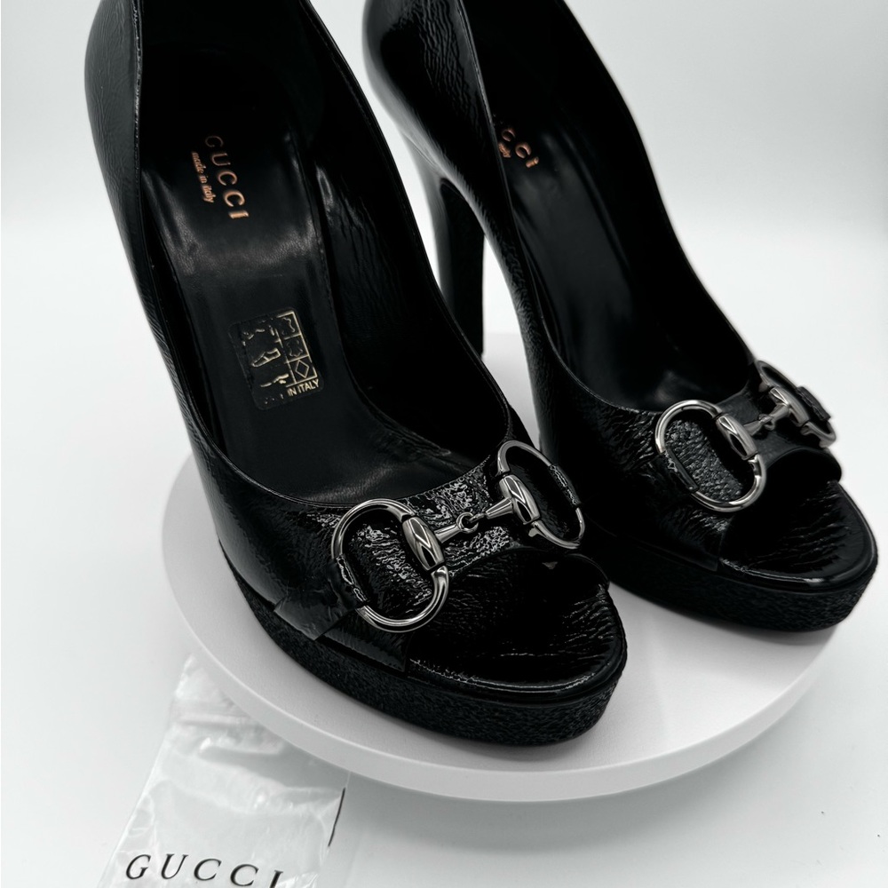 Gucci Black Leather Peep-Toe Heels